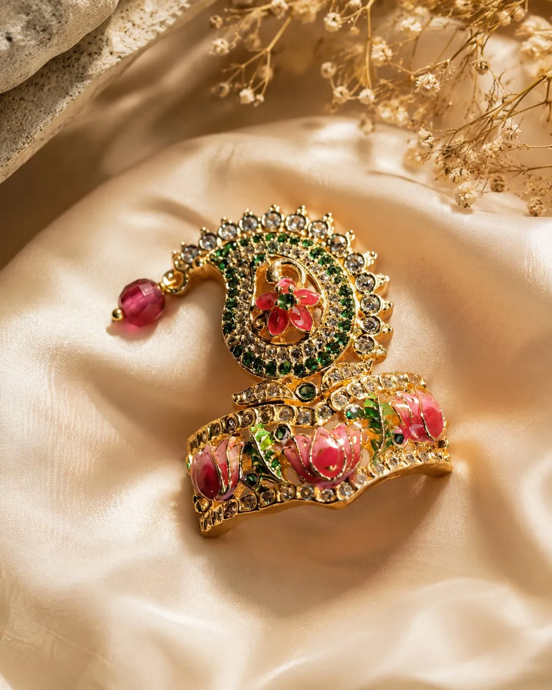 Laddu Gopal Floral Designer AD Mukut for Size 2 | Pink Stone Shringar Lotus Mukut