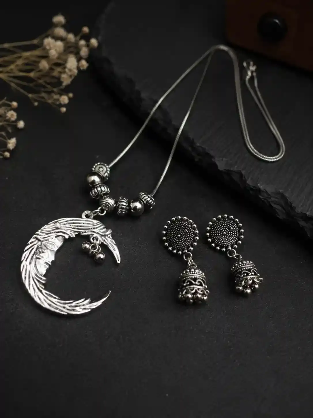 Oxidised Crescent Moon Feather Pendant Necklace with Jhumka Earrings