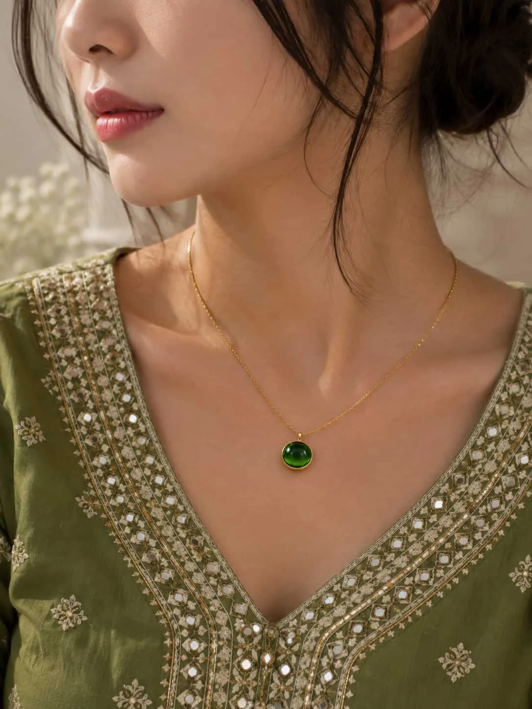 Lush Green Orb Pendant Necklace with Gold Plated Finish for Women