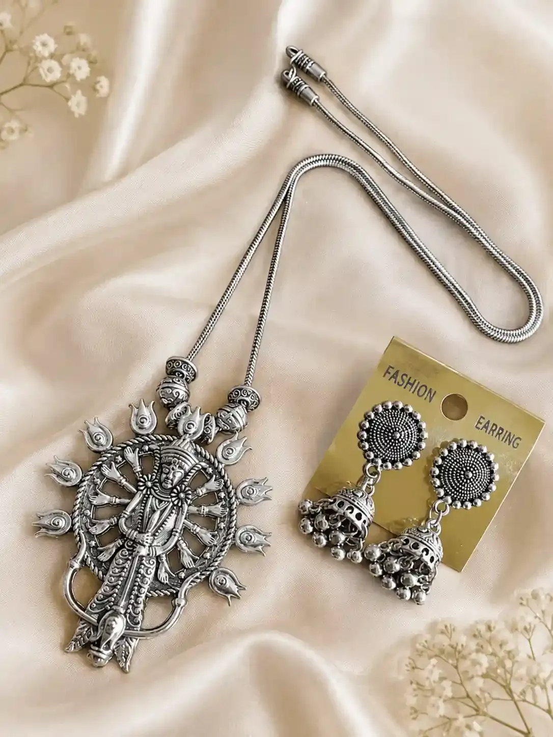 Oxidised Goddess Durga Mandala Pendant Necklace Set with Jhumka Earrings