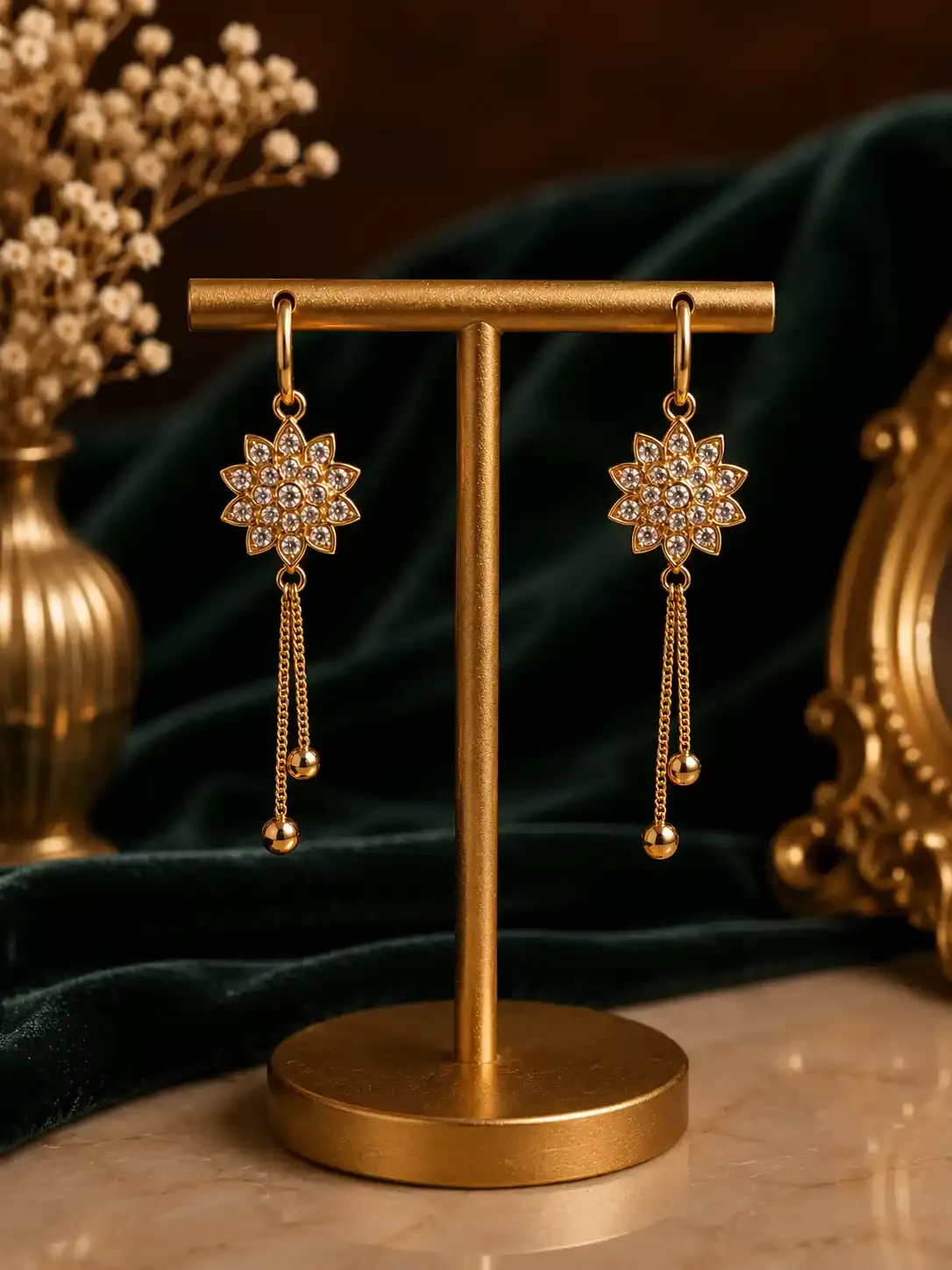 Copper Polished Gold Floral AD Drop Earrings with Twin Chain Tassels