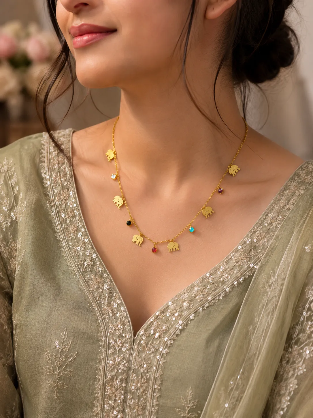 Multicolor Elephant Charm Cascade Gold Plated Necklace for Women