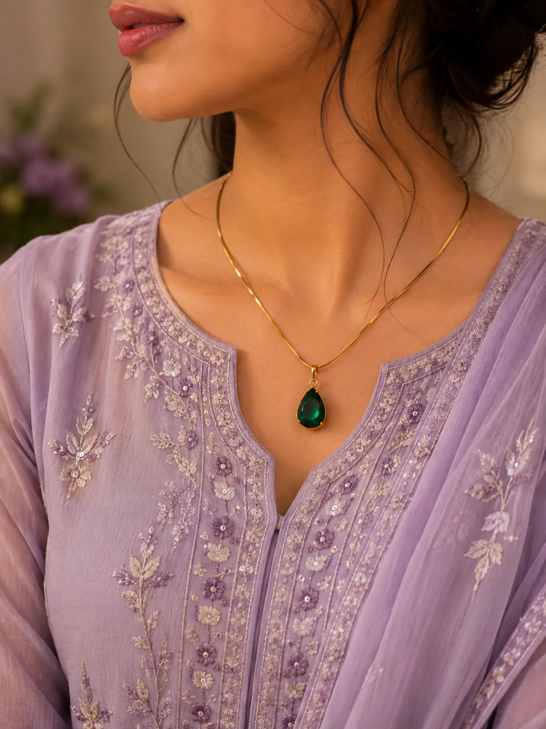 Emerald Green Teardrop Pendant Gold Plated Necklace for Women
