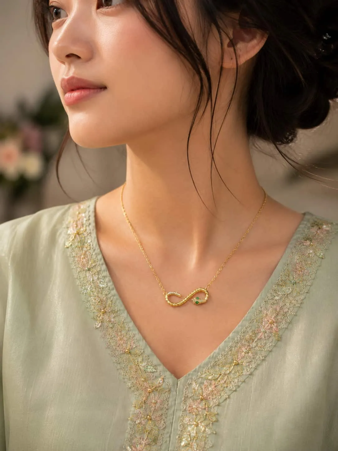 Emerald Accent Infinity Snake Pendant Gold Plated Necklace for Women
