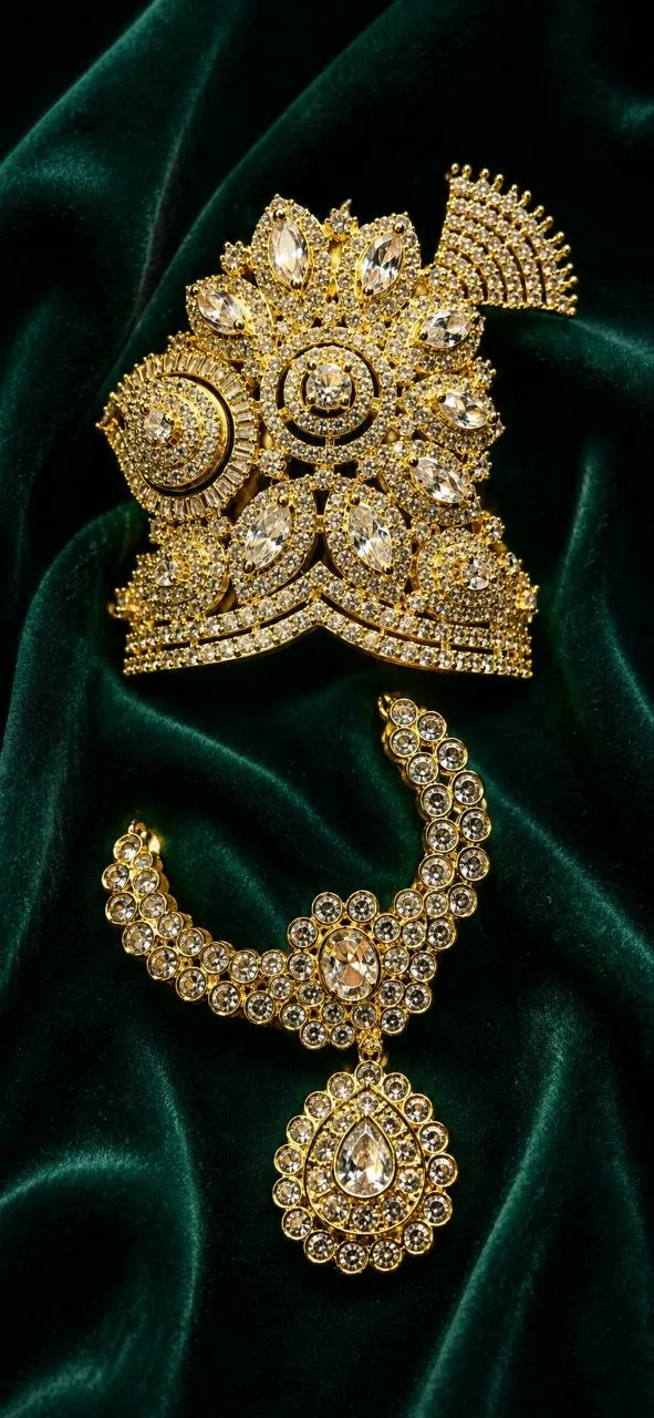 Laddu Gopal Premium Golden AD Stone Mukut & Haar Set for Size 6