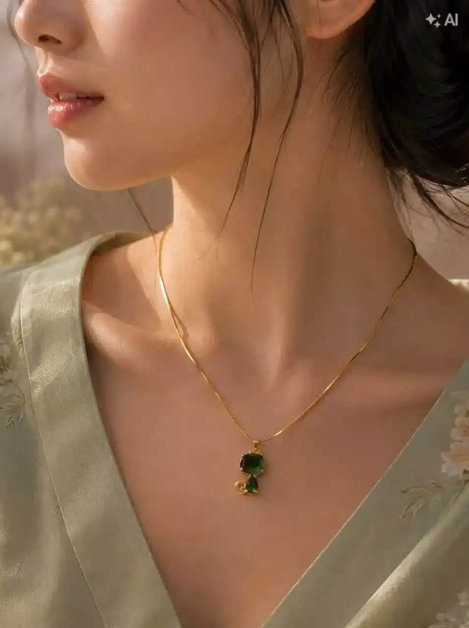 Emerald Green Twin-Stone Drop Pendant Gold Plated Necklace for Women