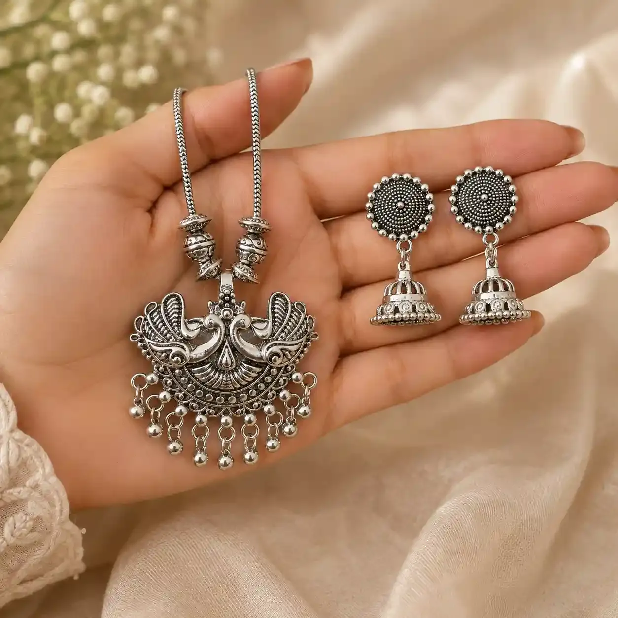 Oxidised Peacock Motif Layered Necklace with Traditional Jhumka Earrings