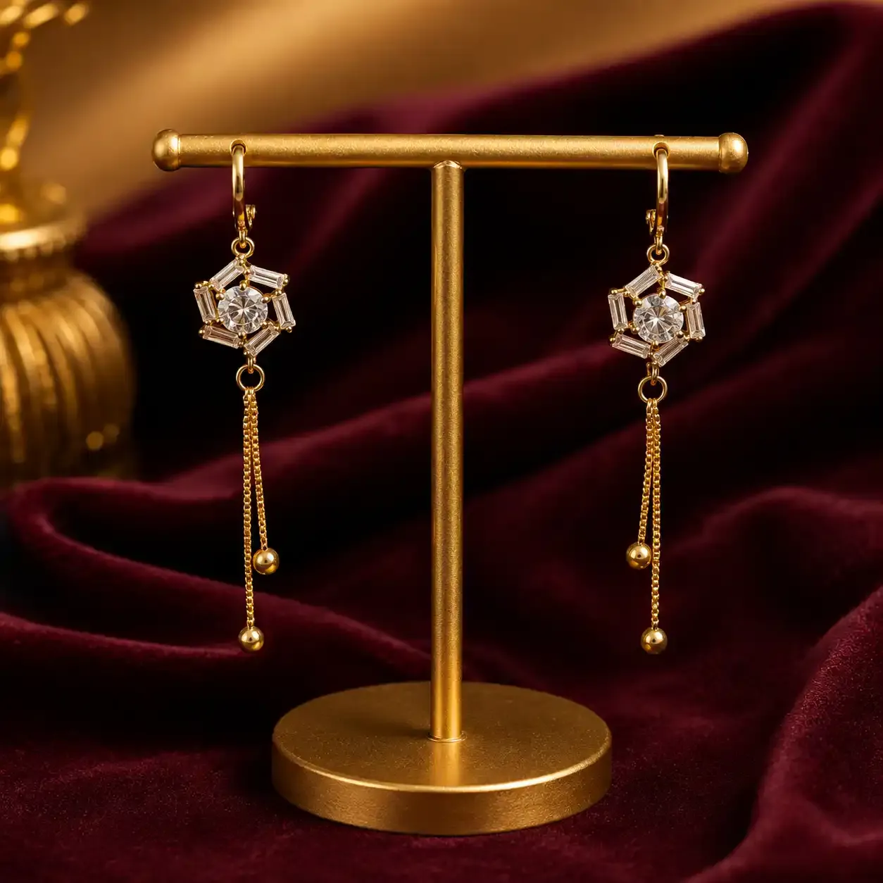 Rose Gold Geometric American Diamond Drop Earrings with Chain Accents