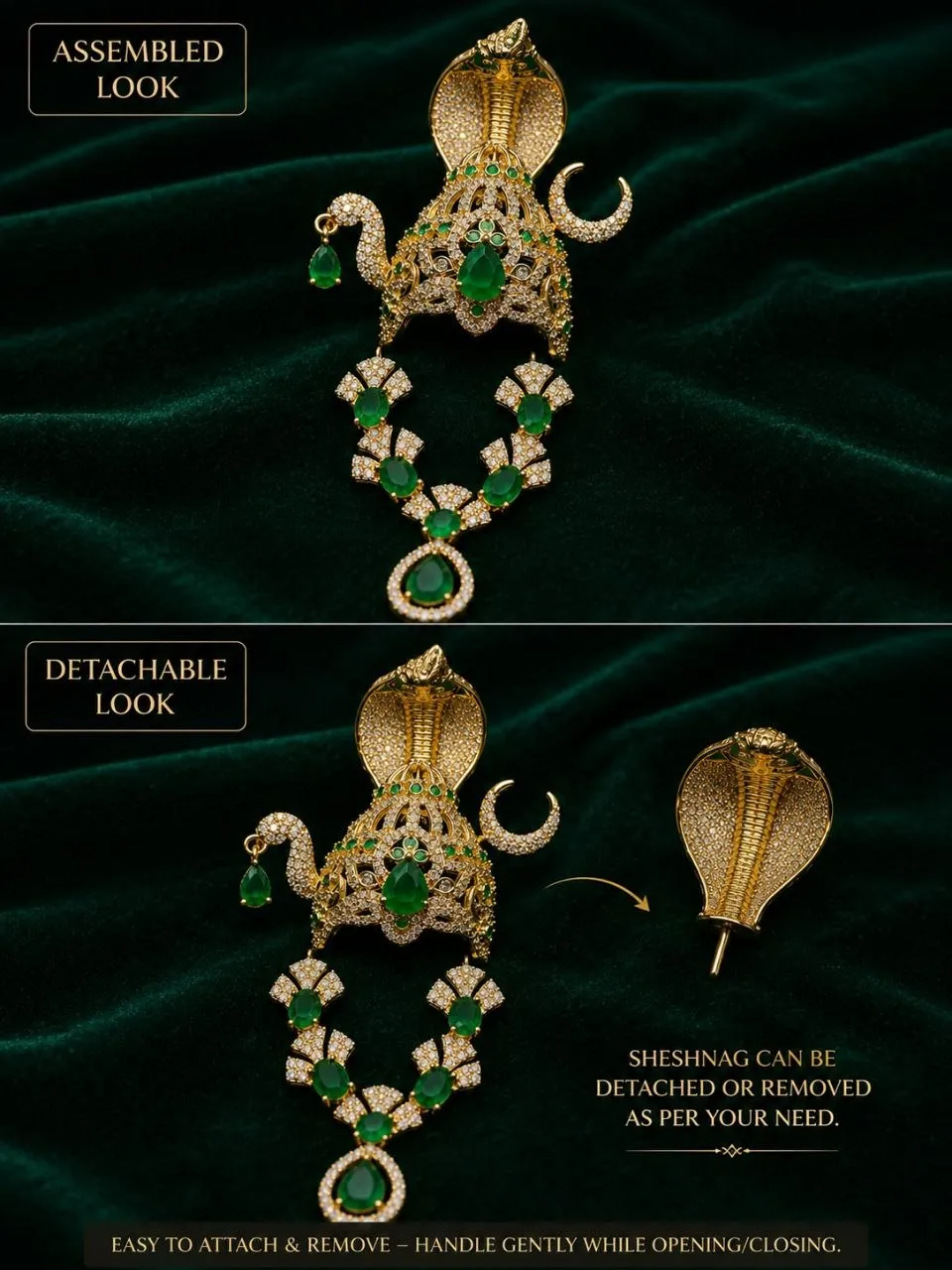 3 No. Laddu Gopal Premium Sheshnag AD Mukut and Haar Set (Green Stone) – view 2