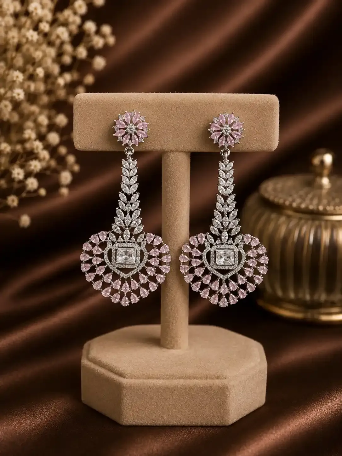 Silver Rhodium Floral American Diamond Long Drop Earrings