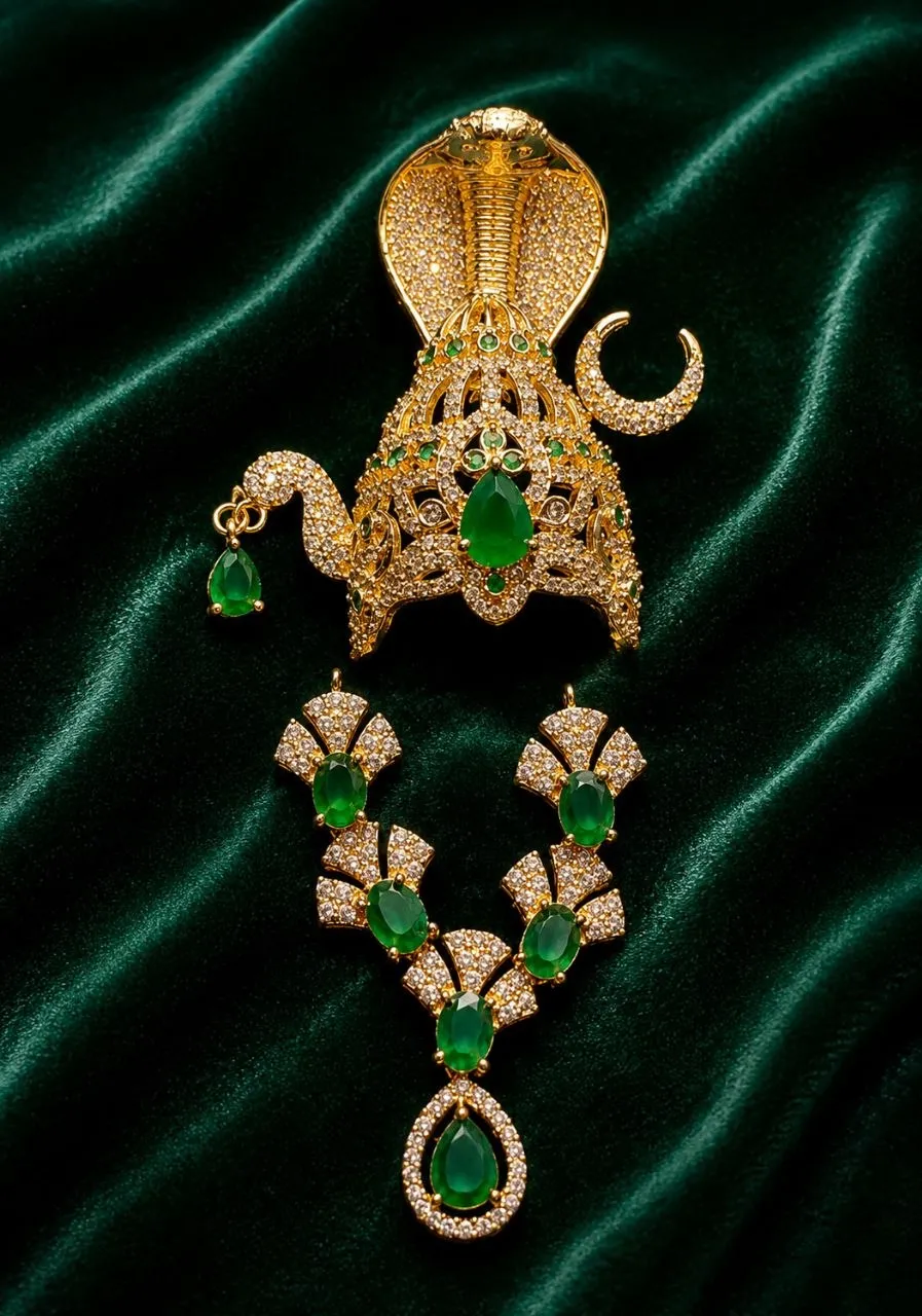 3 No. Laddu Gopal Premium Sheshnag AD Mukut and Haar Set (Green Stone)