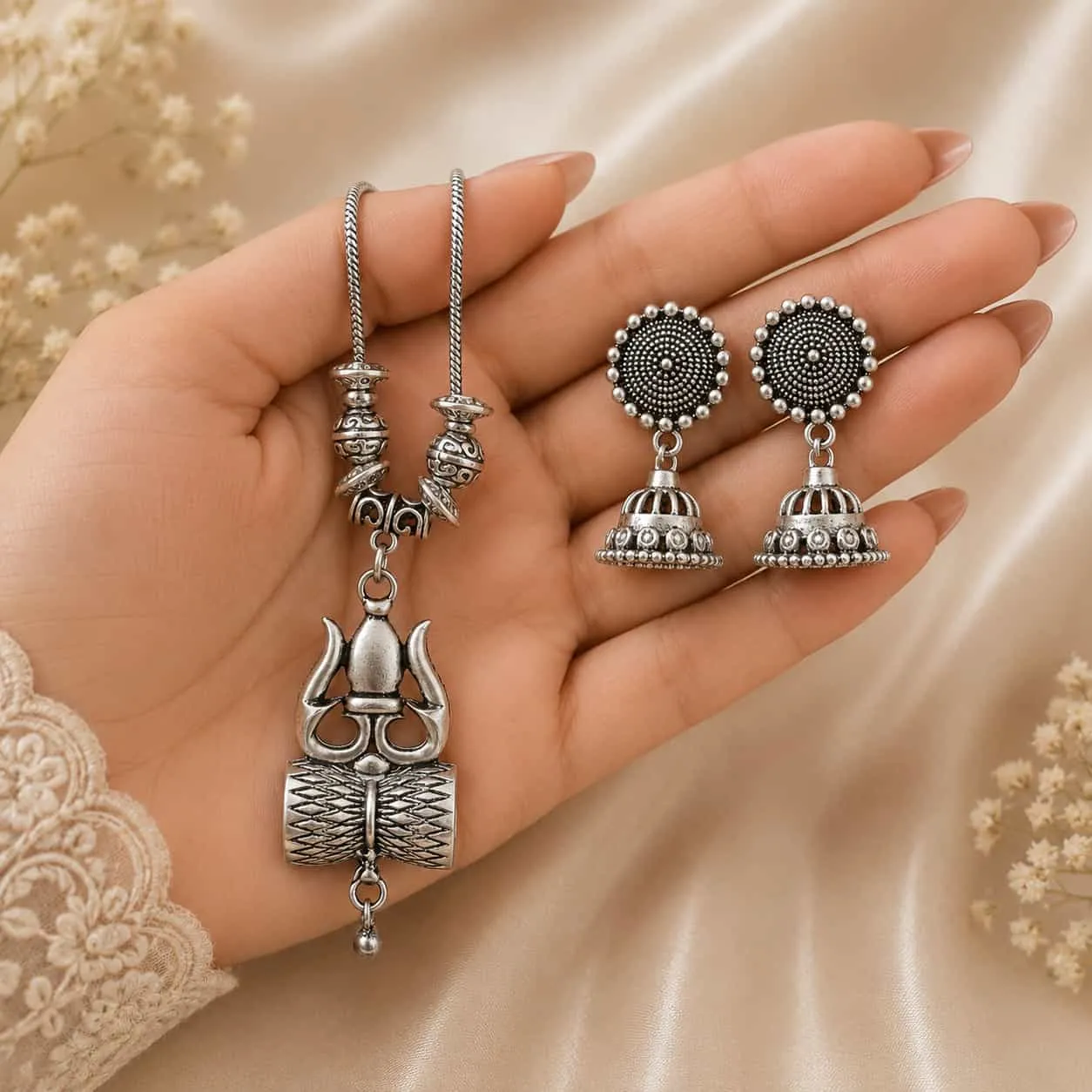 Antique Trishul Charm Oxidised German Silver Necklace Set with Jhumka Earrings