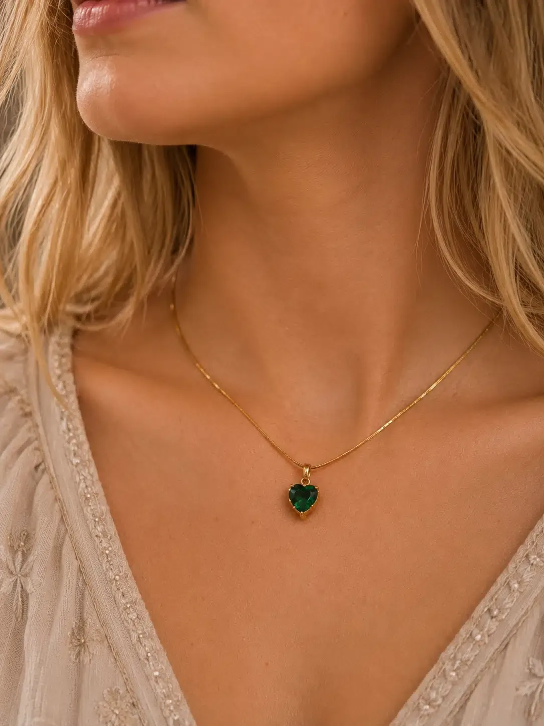 Emerald Green Heart Pendant Gold Plated Necklace for Women