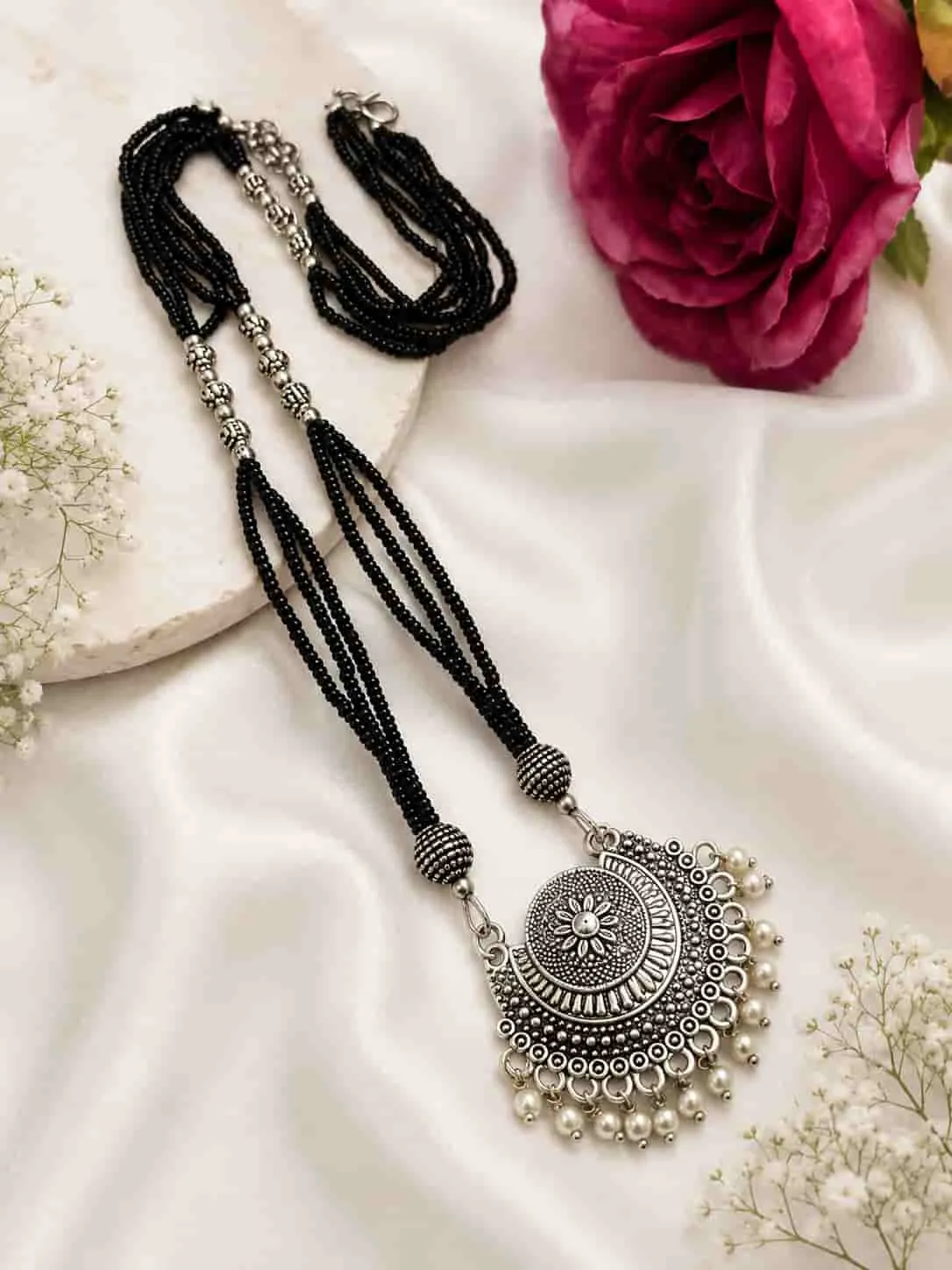 Oxidised Floral Medallion Black Beaded German Silver Necklace Set with Pearl Drops