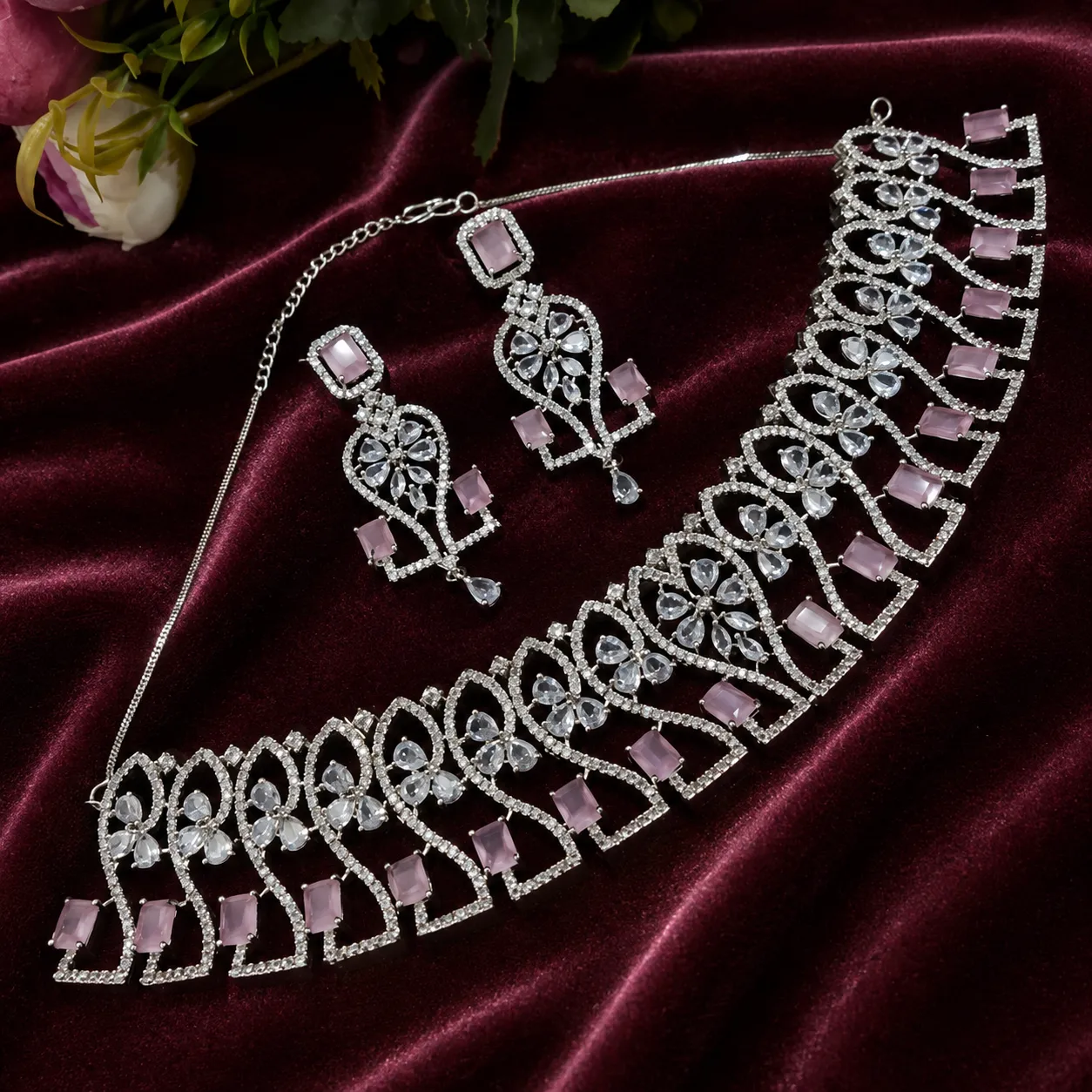 Silver American Diamond Necklace and Earring Set with Pink Accents