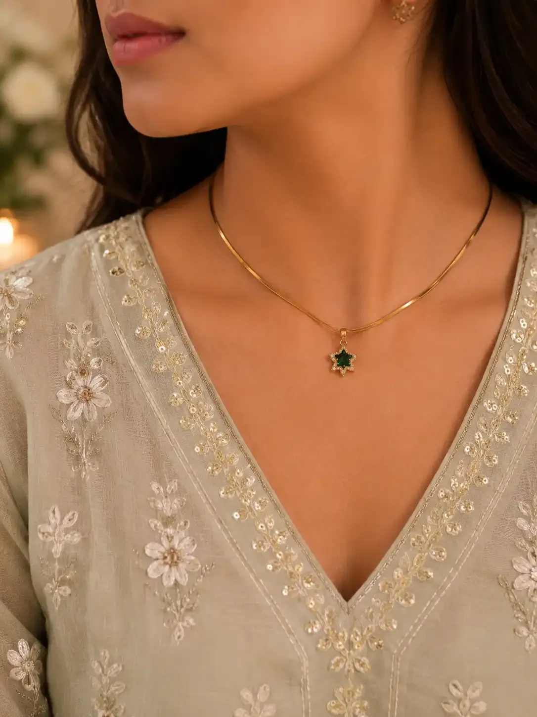 Green Star Pendant Gold Plated Anti-Tarnish Necklace for Women