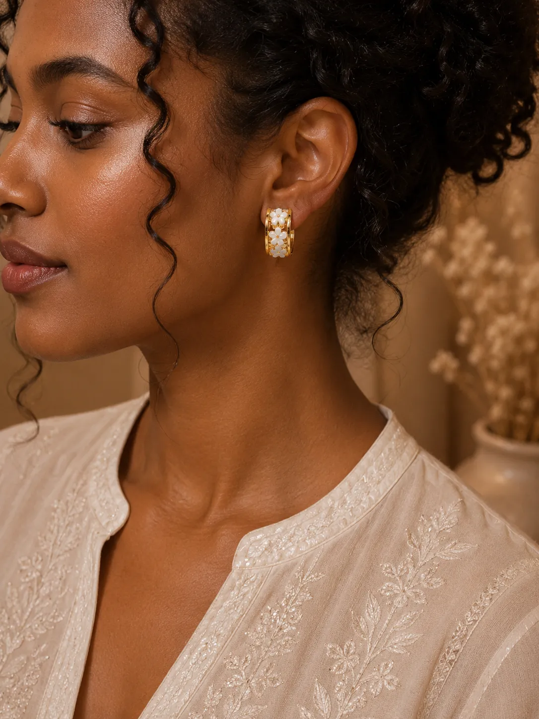 Gold Floral Accent Hoop Earrings for Women