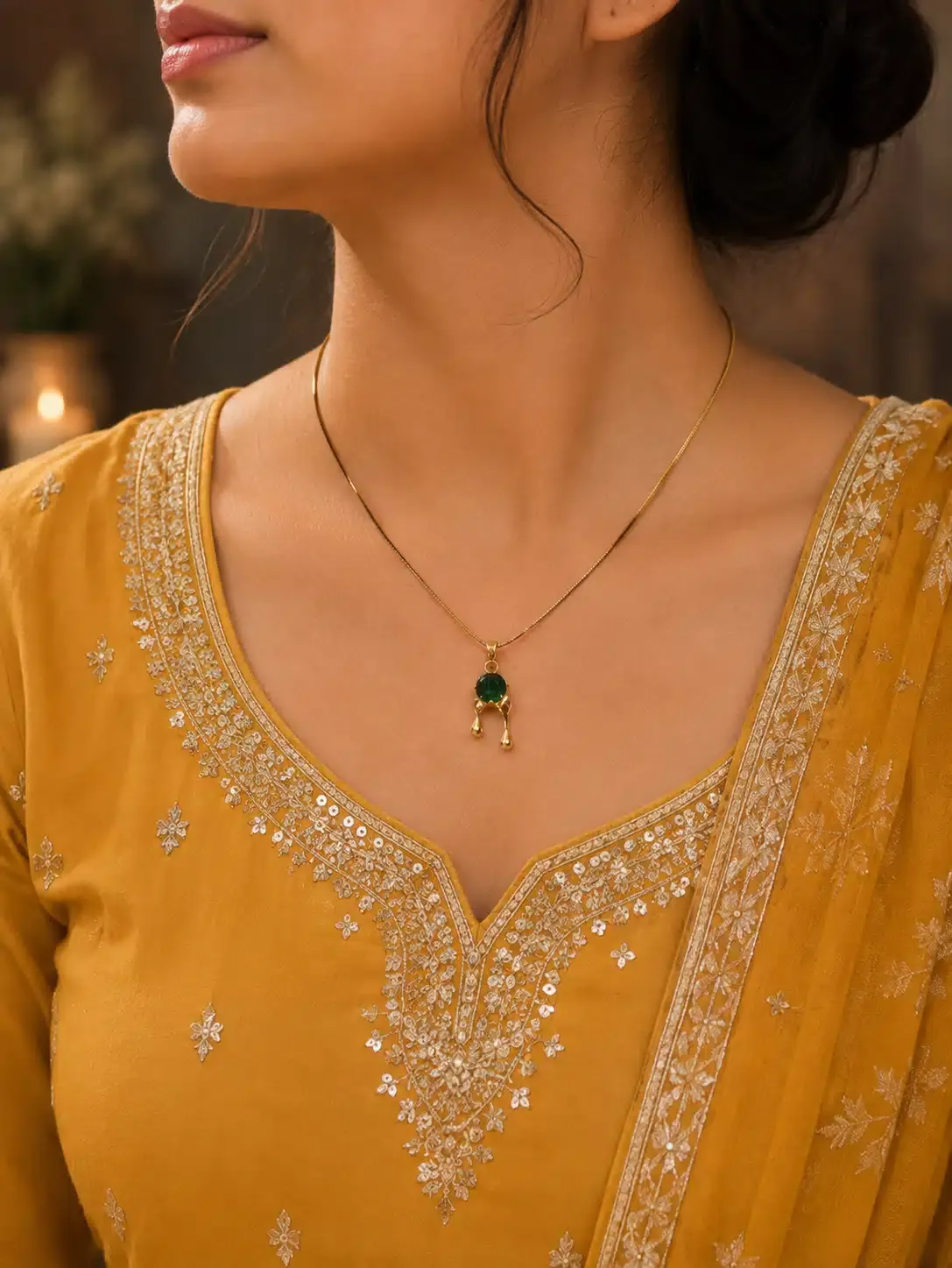 Emerald Green Single-Stone Drop Pendant Gold Plated Necklace for Women