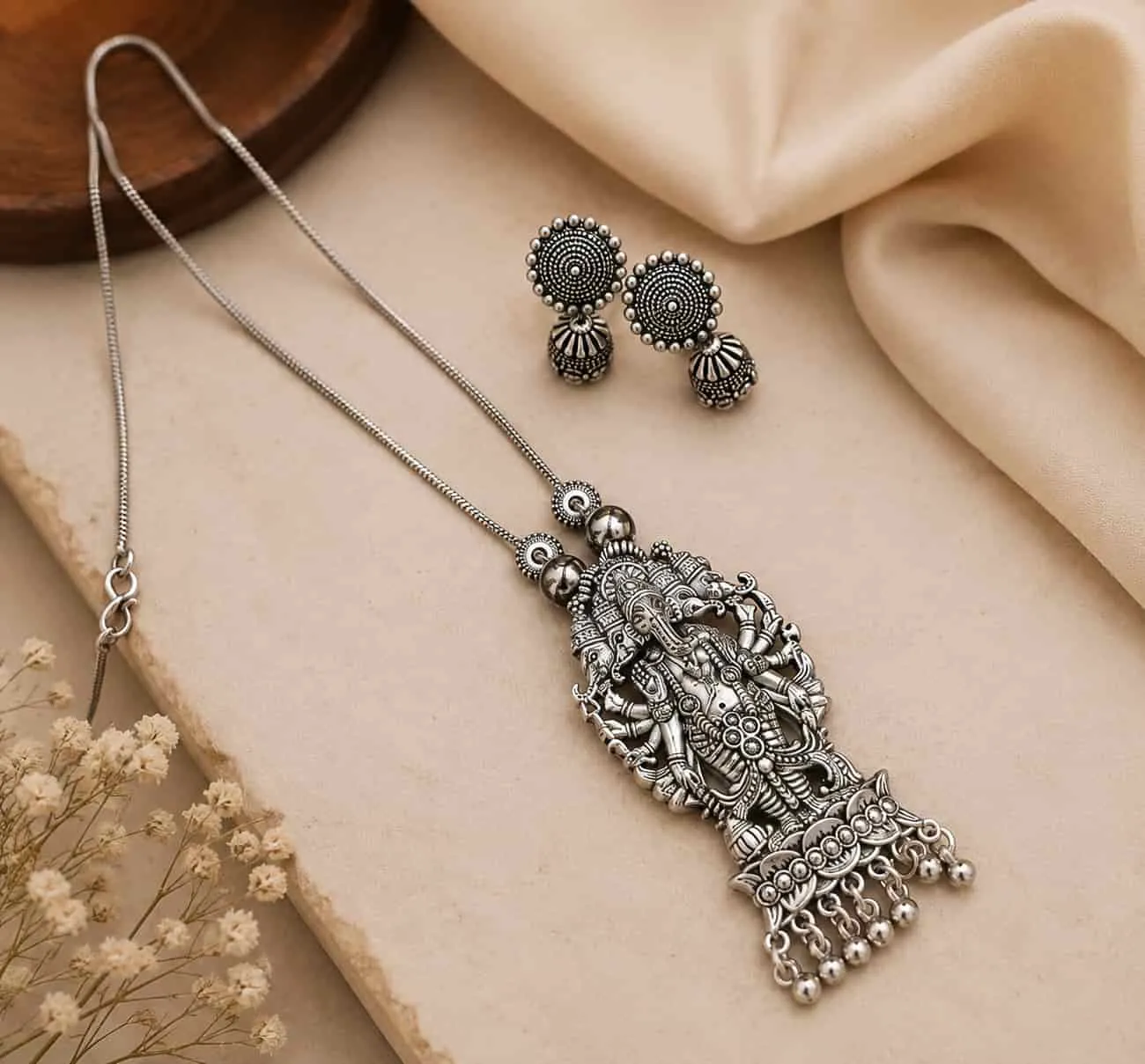 Antique Panchmukhi Ganesh Oxidised German Silver Long Pendant Necklace Set