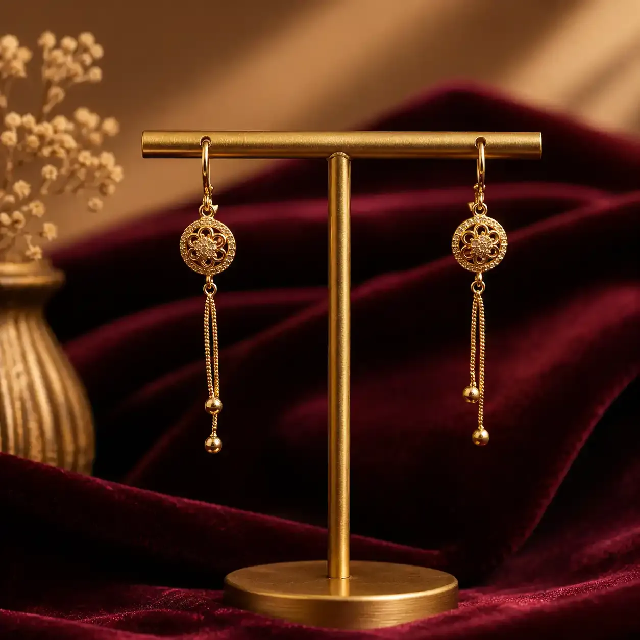 Elegant Gold Floral Long Drop Earrings with Dual Chain and Beaded Detailing