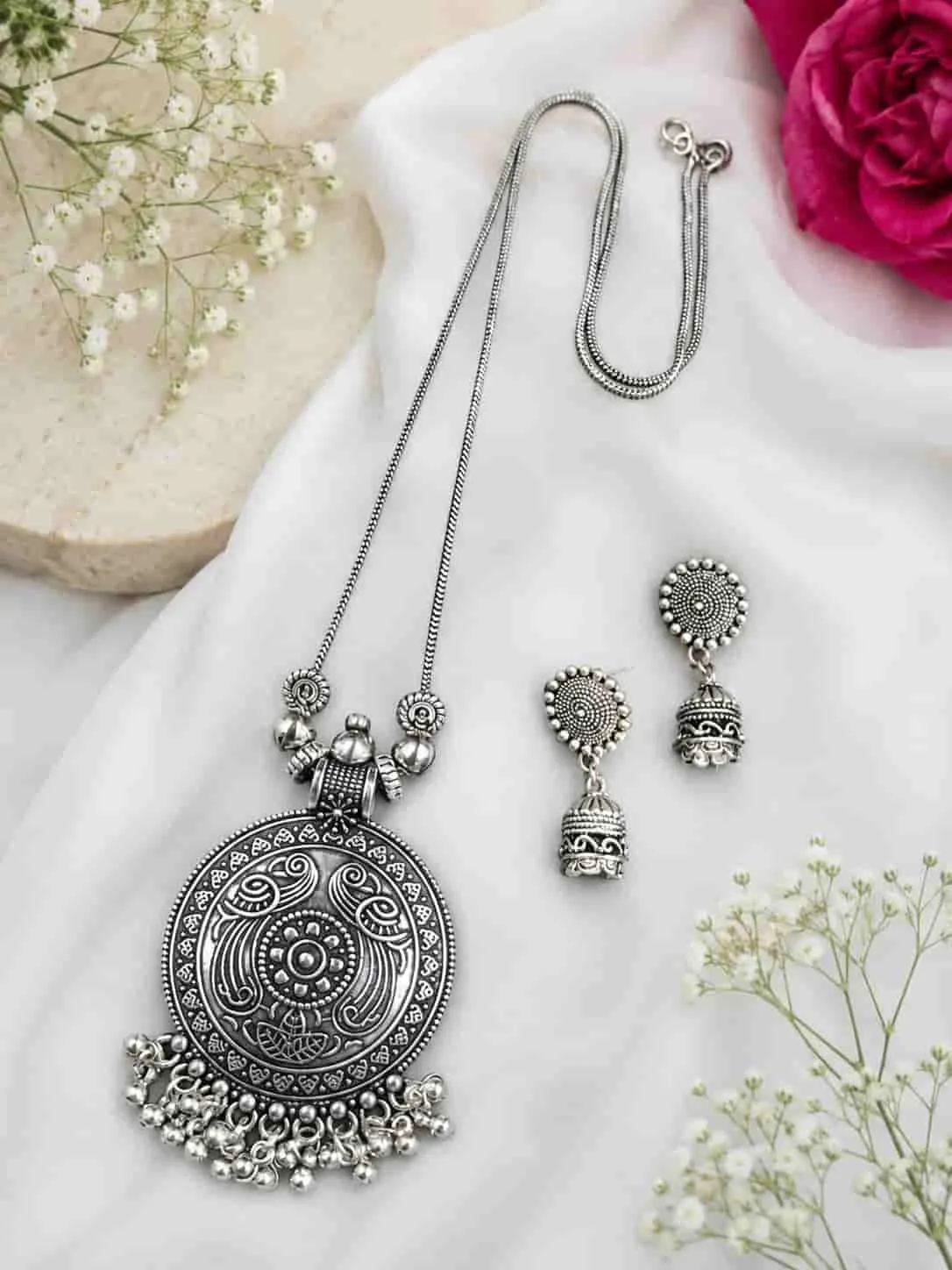 Oxidised Mandala German Silver Pendant Necklace Set with Jhumka Earrings