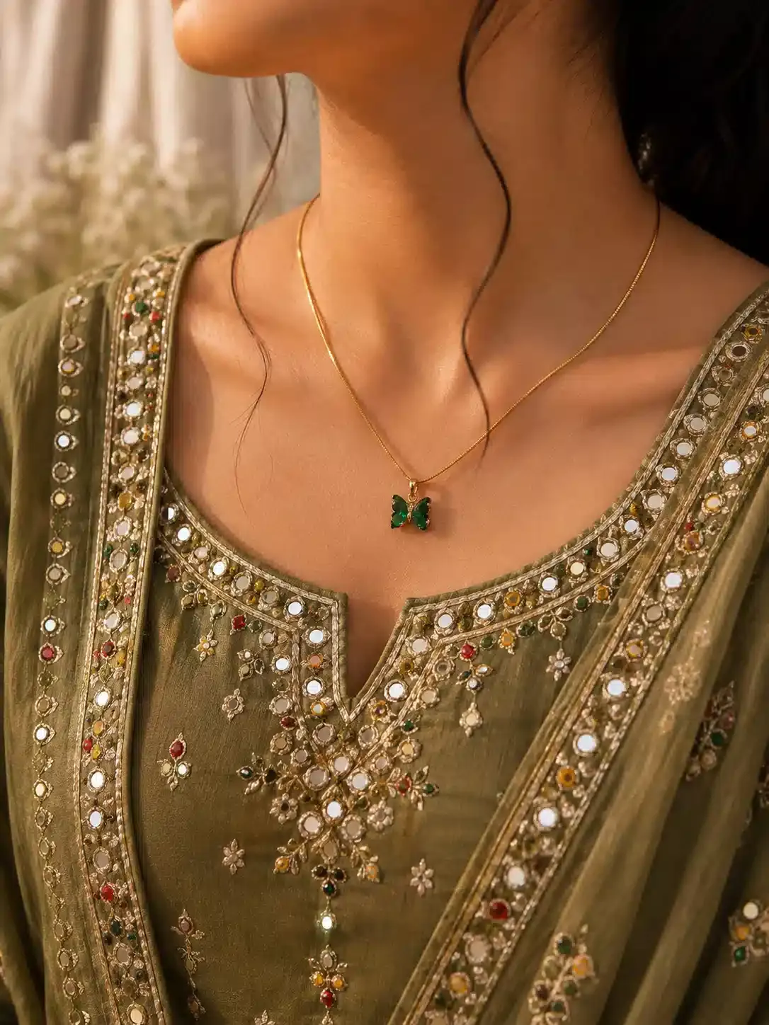 Emerald Green Butterfly Pendant Gold Plated Necklace for Women