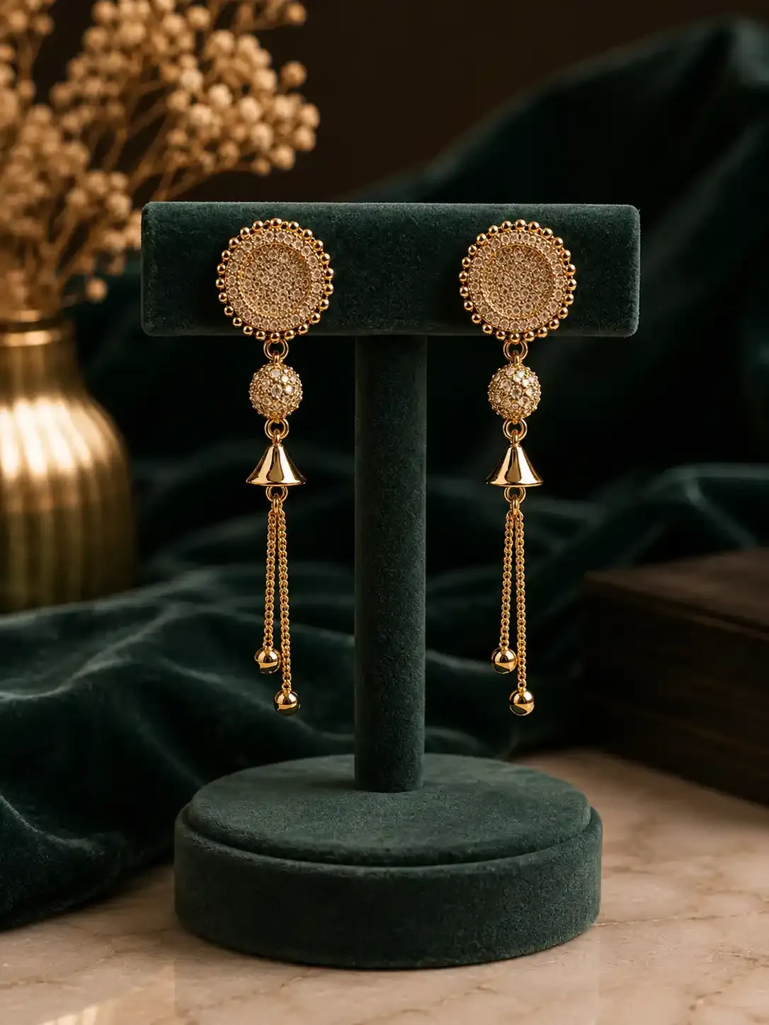 Rose Gold American Diamond Round Drop Earrings with Floral Cluster and Chain Tassels
