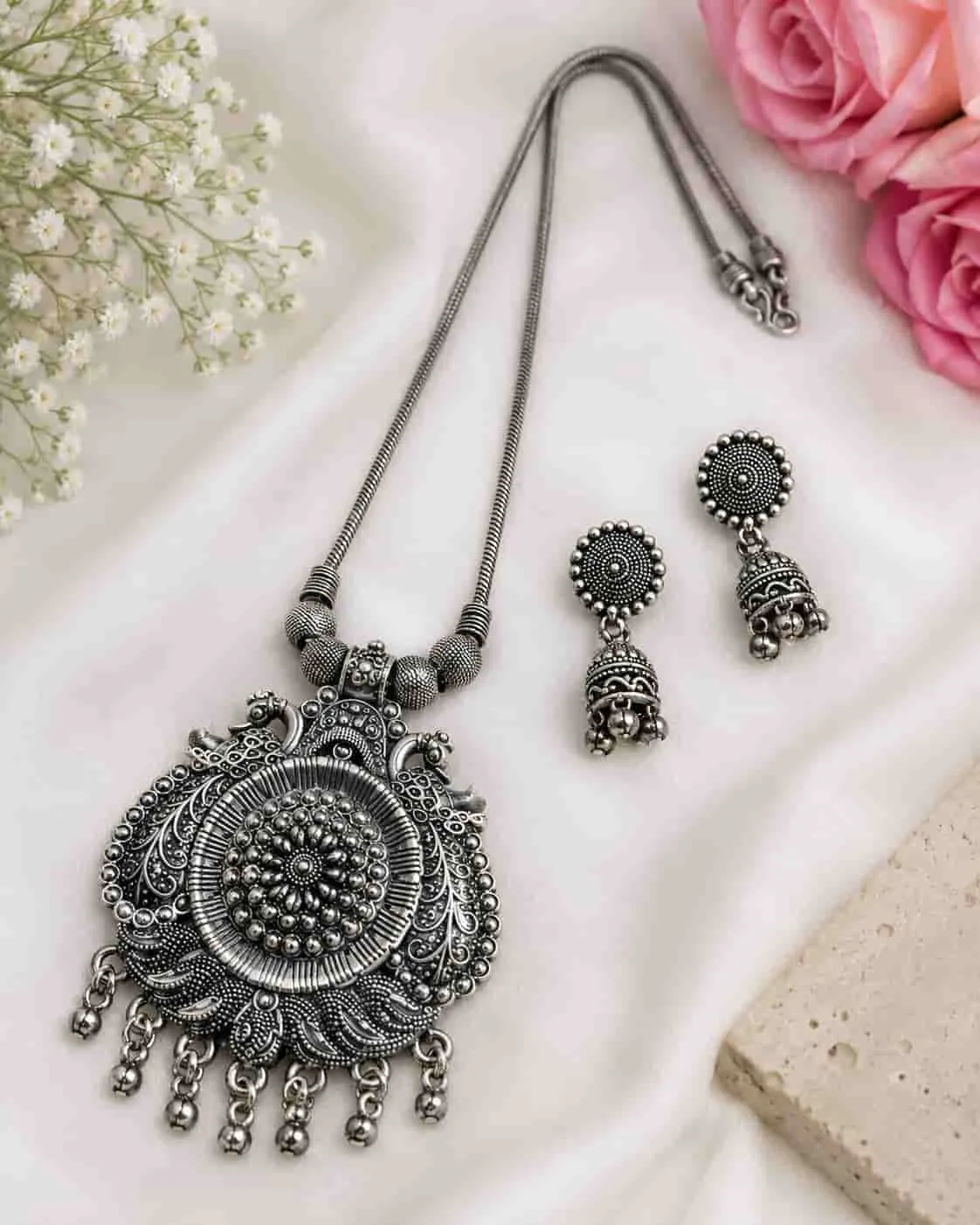 Oxidised Circular Peacock Motif German Silver Necklace Set with Jhumka Earrings