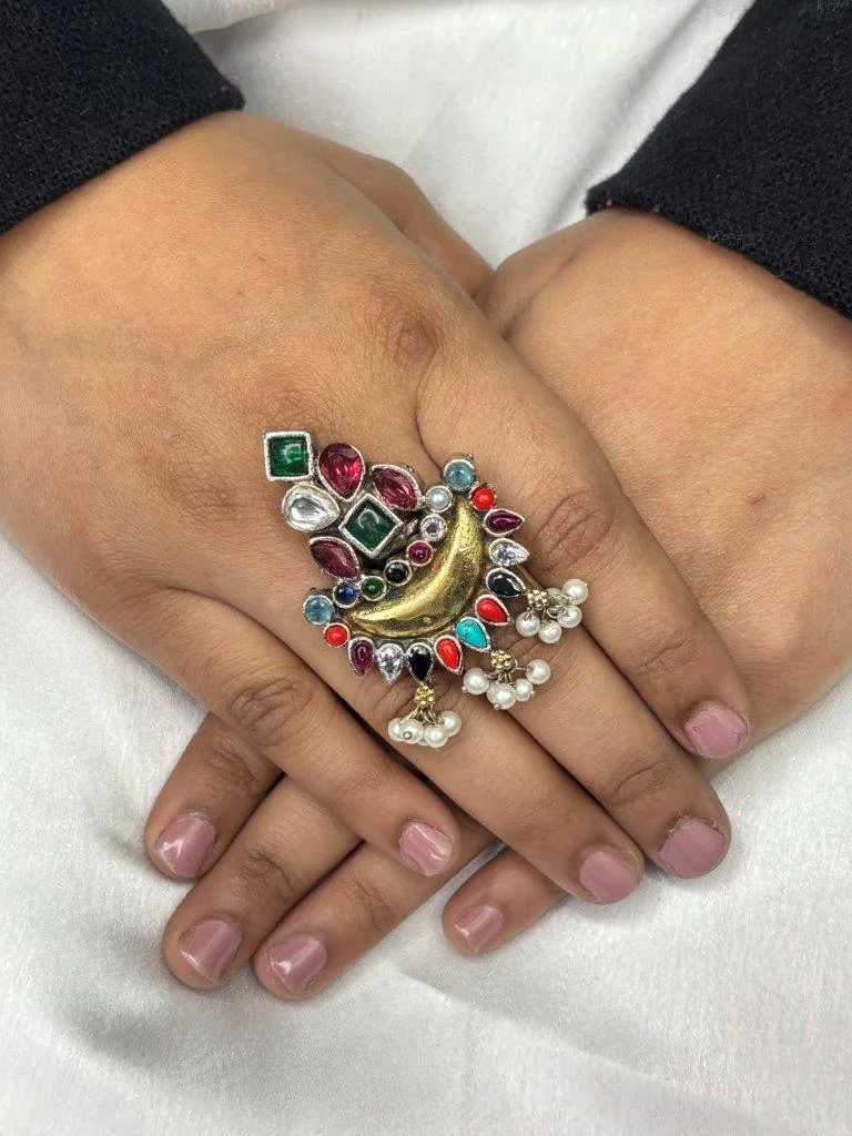 Multi Stone Kundan Ring with Pearl Drops