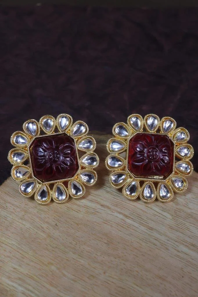 Carved Stone Flower Stud Earrings