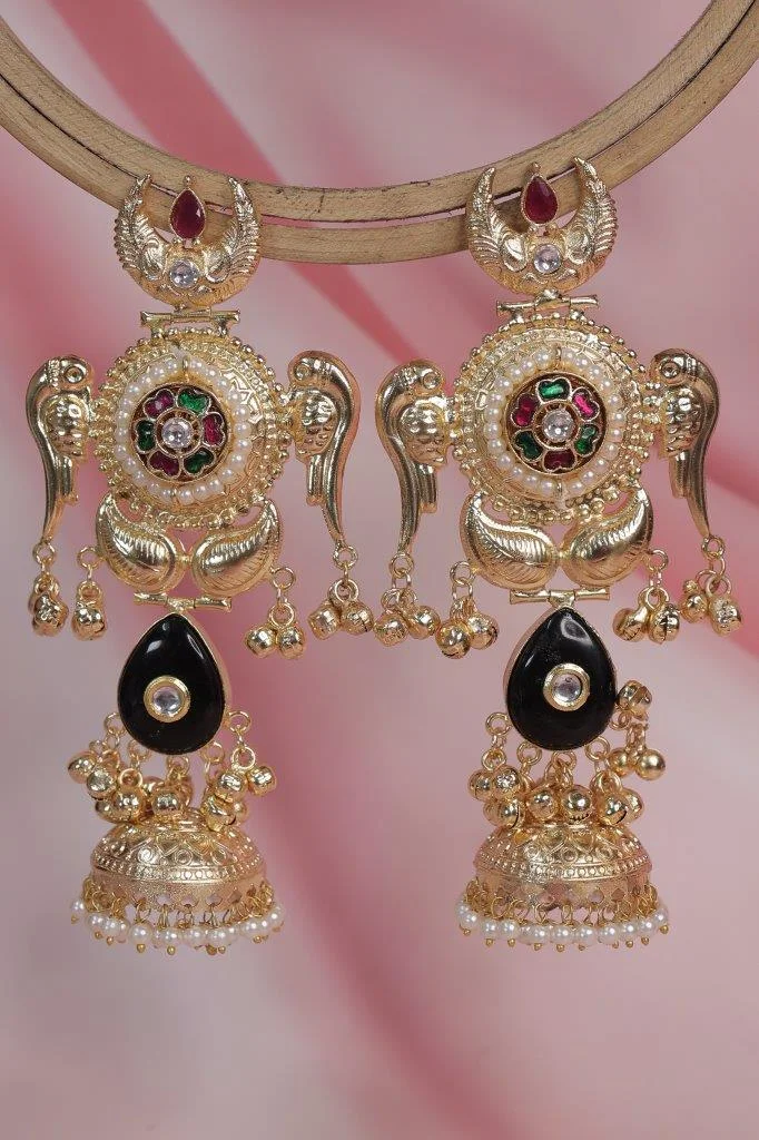 Kashmiri Paachi Earrings with Teardrop Stone and Jhumka