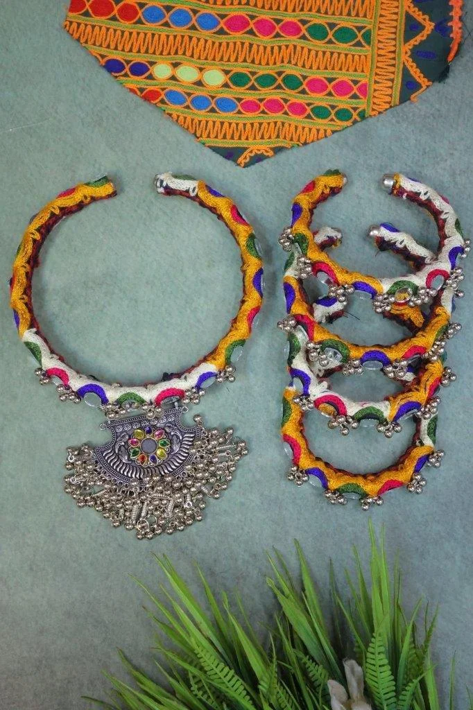 Kutchi Thread and Mirror Necklace with Ghungroo Fan Pendant