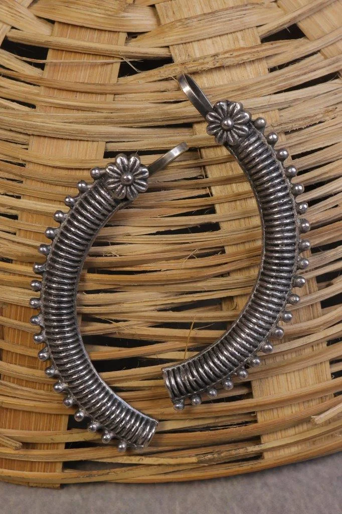 Oxidised Curved Bali Earrings with Beaded Edge