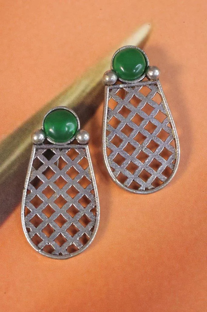 Oxidised Jali Teardrop Earrings with Stone Top