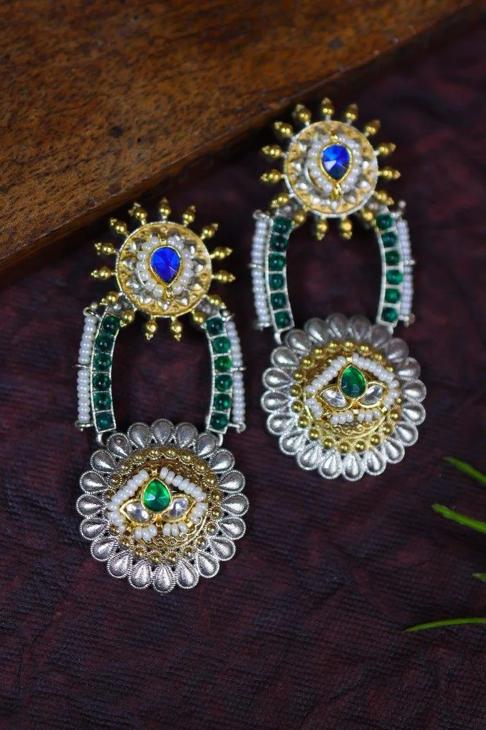 Blue and Green Kundan Drop Earrings with Silver Flower Disc