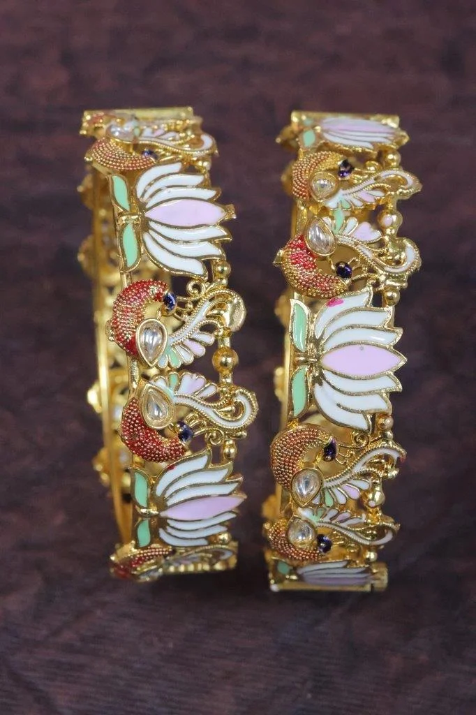 Meenakari Lotus and Peacock Kada Set of Two