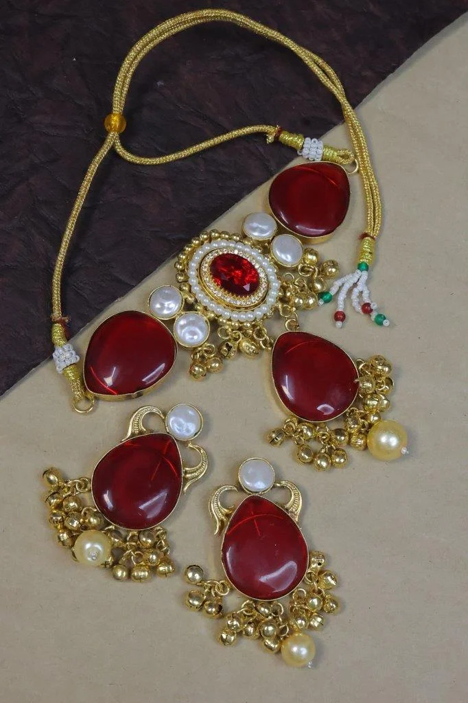 Ghungroo Necklace Set with Large Red Monalisa Stones, Pearls and Matching Earrings