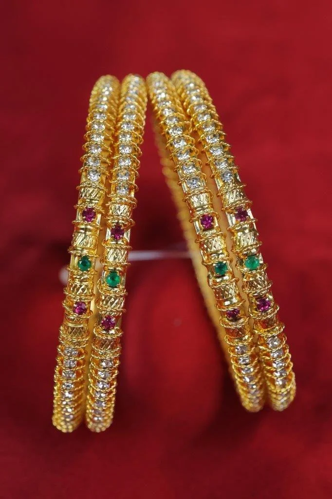 Gold Bangles Set of Two with Clear Stone Rows
