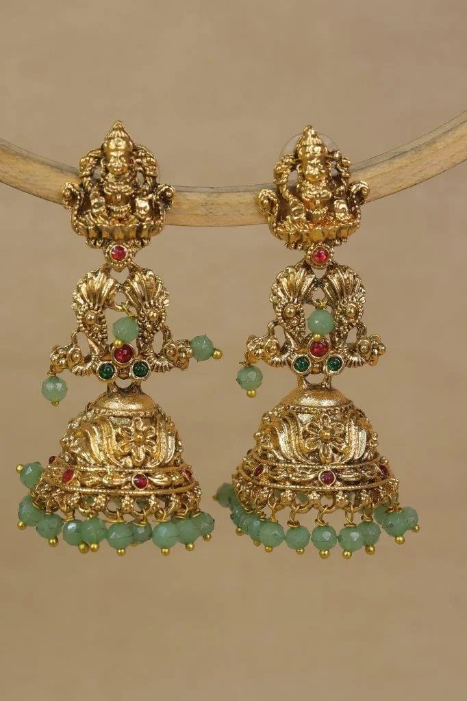 Lakshmi Jhumka Earrings with Mint Green Bead Fringe