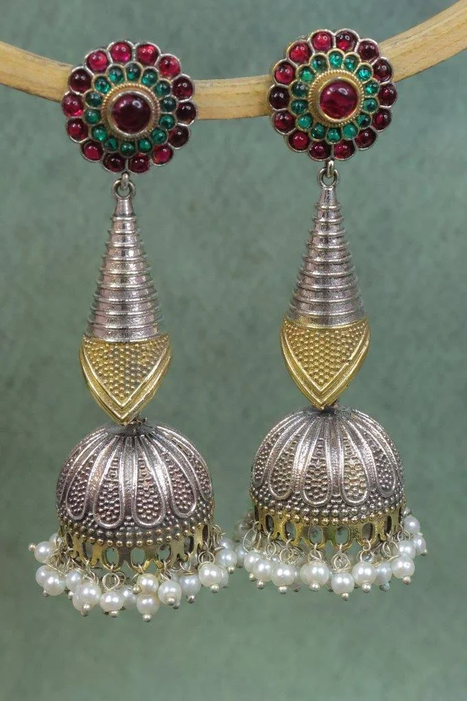 Long Cone Jhumka Earrings with Kundan Stud Top