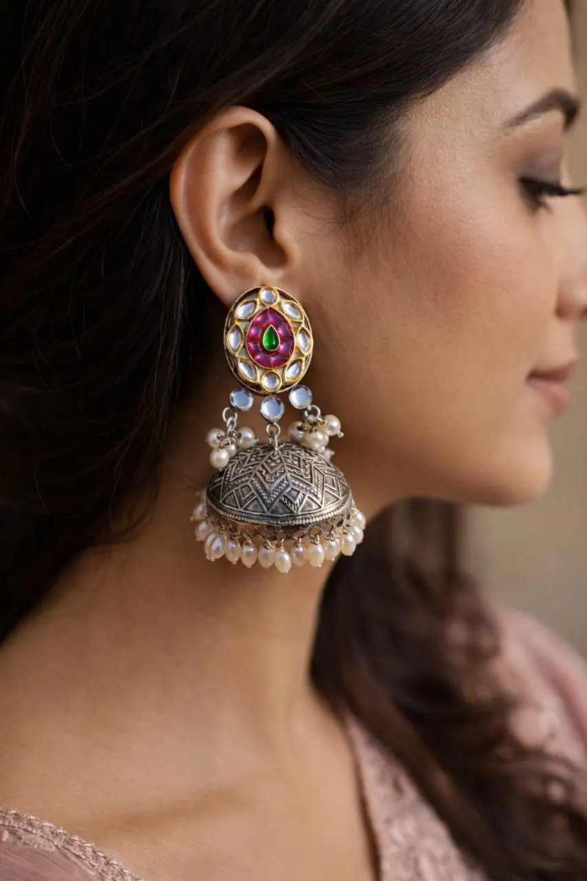 Fusion Oxidized Jhumka with Kundan Top & Pearl Fringe for Daily Wear