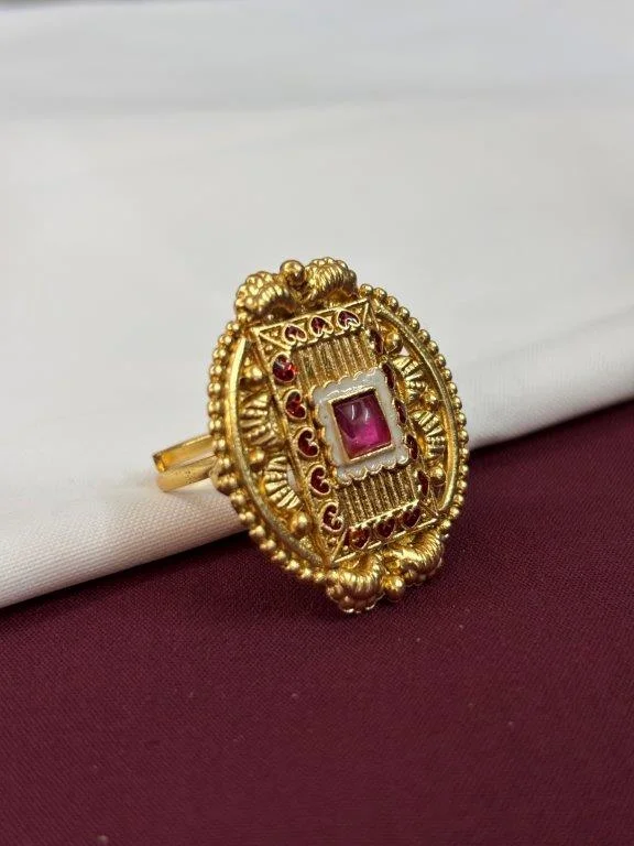 Rectangular Red Stone Ring with Beaded Frame