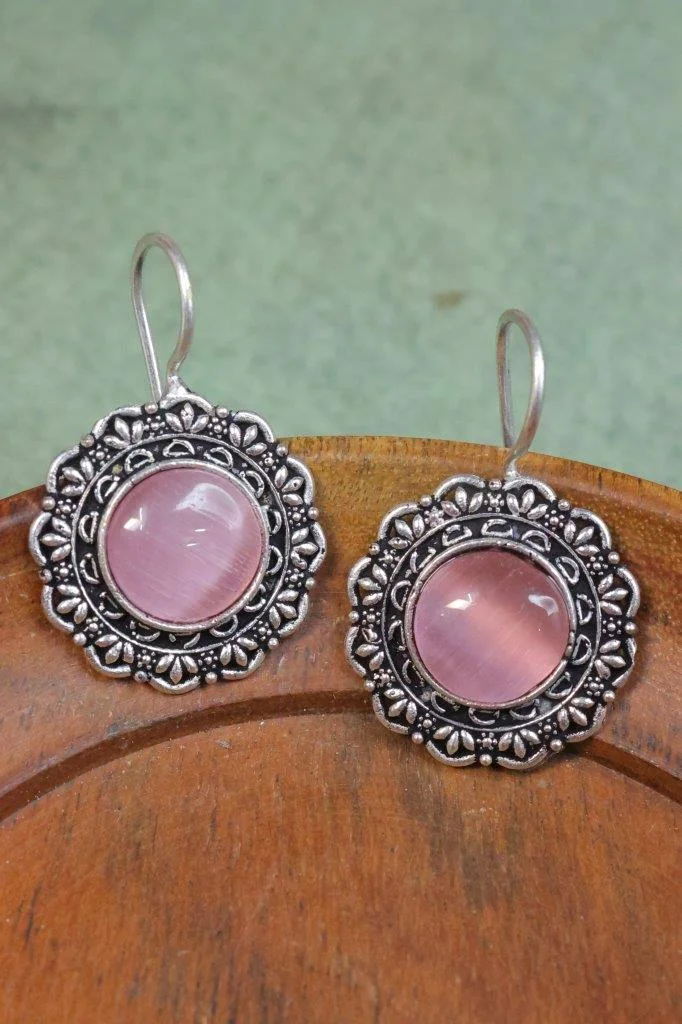 Oxidised Hook Earrings with Round Cabochon and Petal Frame