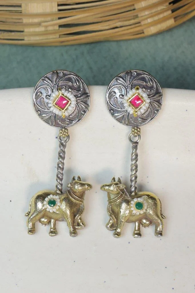 Engraved Silver Stud Earrings with Gold Nandi Drops