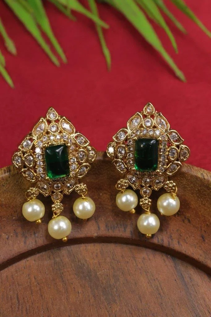 Emerald Cut Green Stone Studs with Pearl Drops