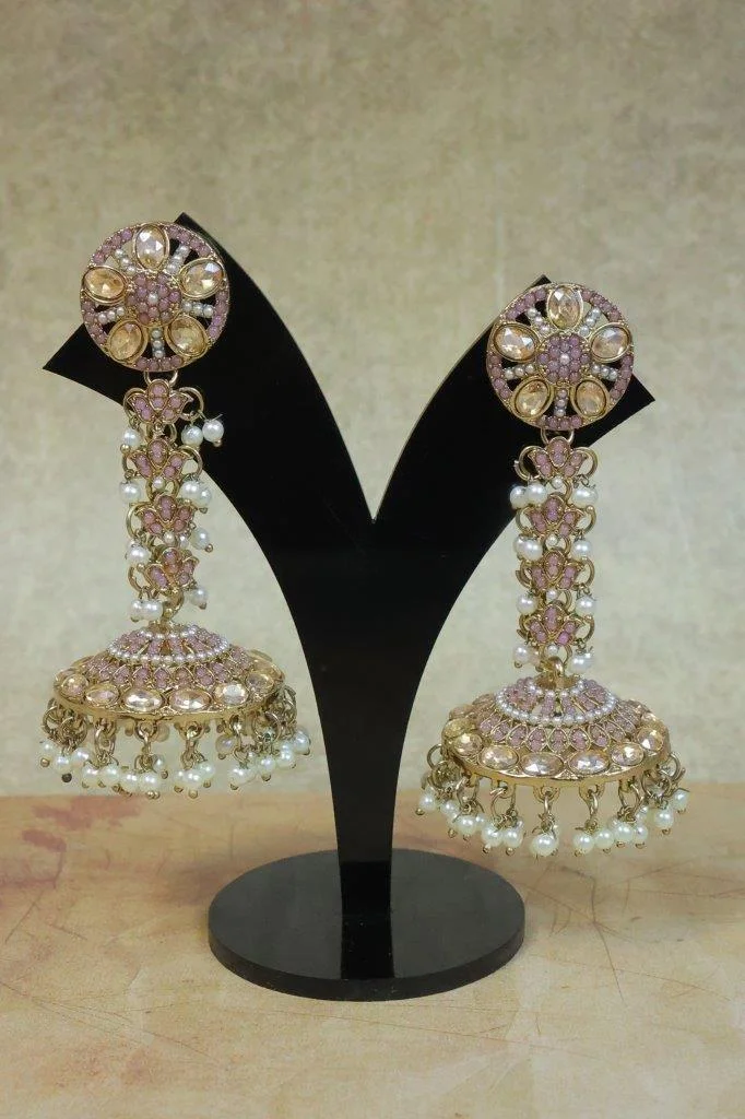 Lilac Kundan Jhumka Earrings with Pearl Side Chains