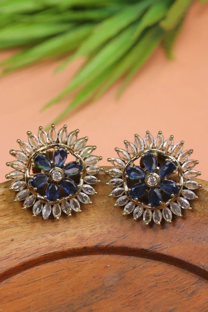 Flower Stud Earrings with Crystal Border