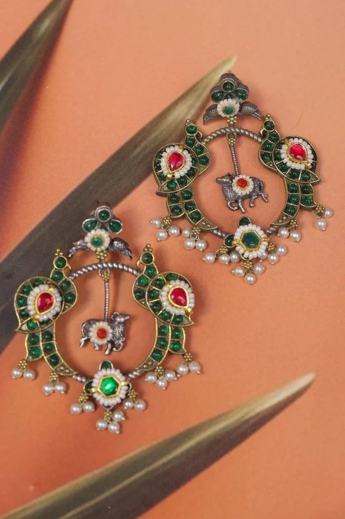 Green Kundan Chandbali Earrings with Silver Cow Charm