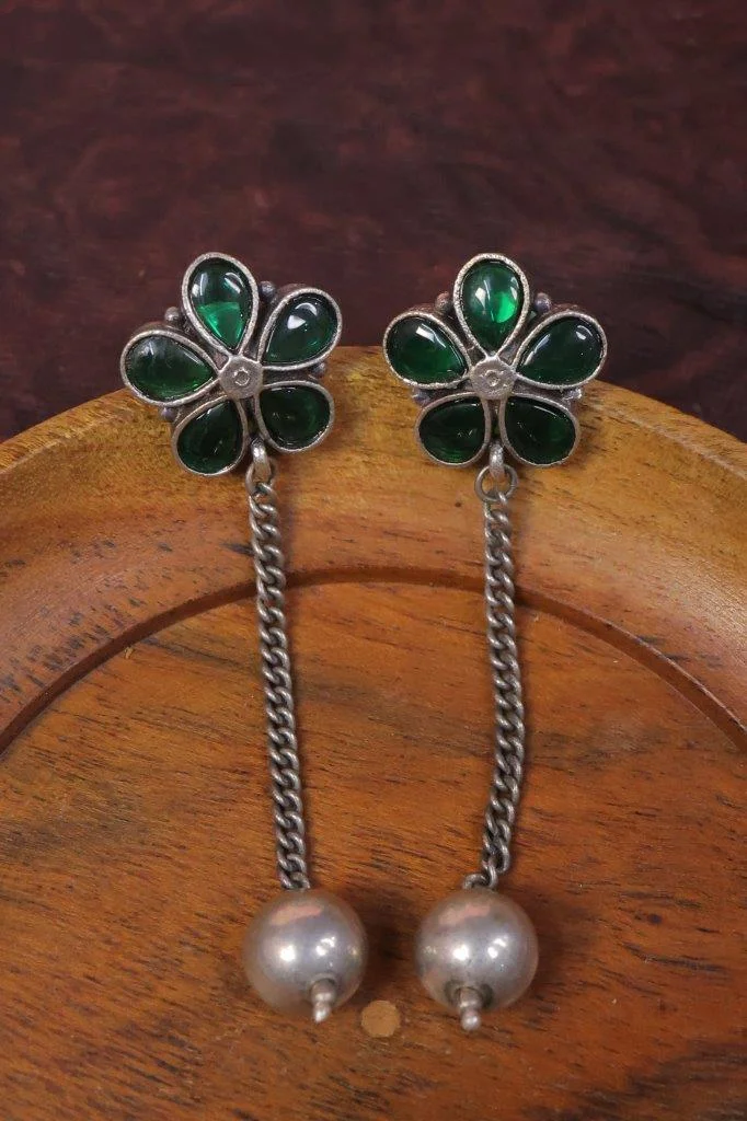 Green Petal Flower Studs with Silver Rope Chain Drops