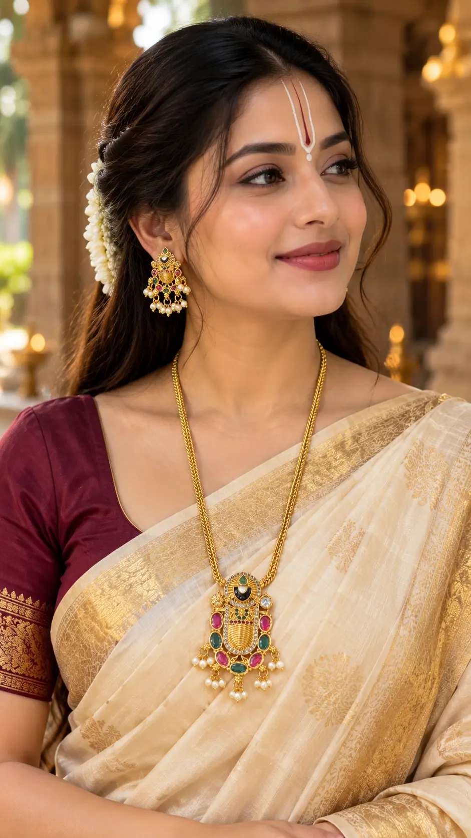 Gold-Tone Tirupati Balaji Necklace Set with Multicolour Stones